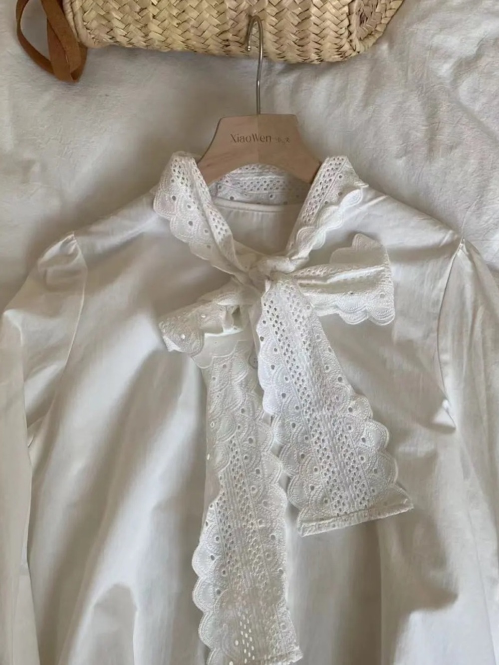Korean White Eyelet Tie-Neck Blouse - Picture 4 of 5